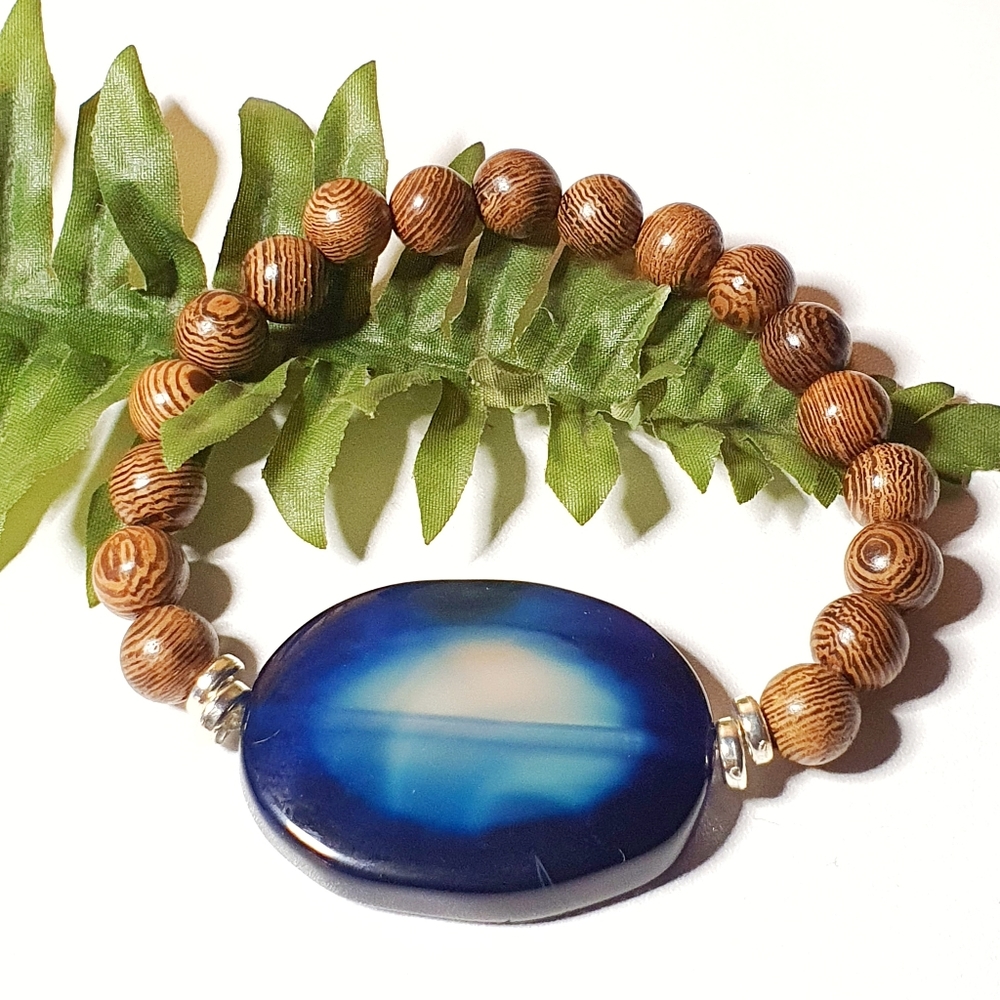 Blue Agate & Polished Wood Beads Stretch Bracelets